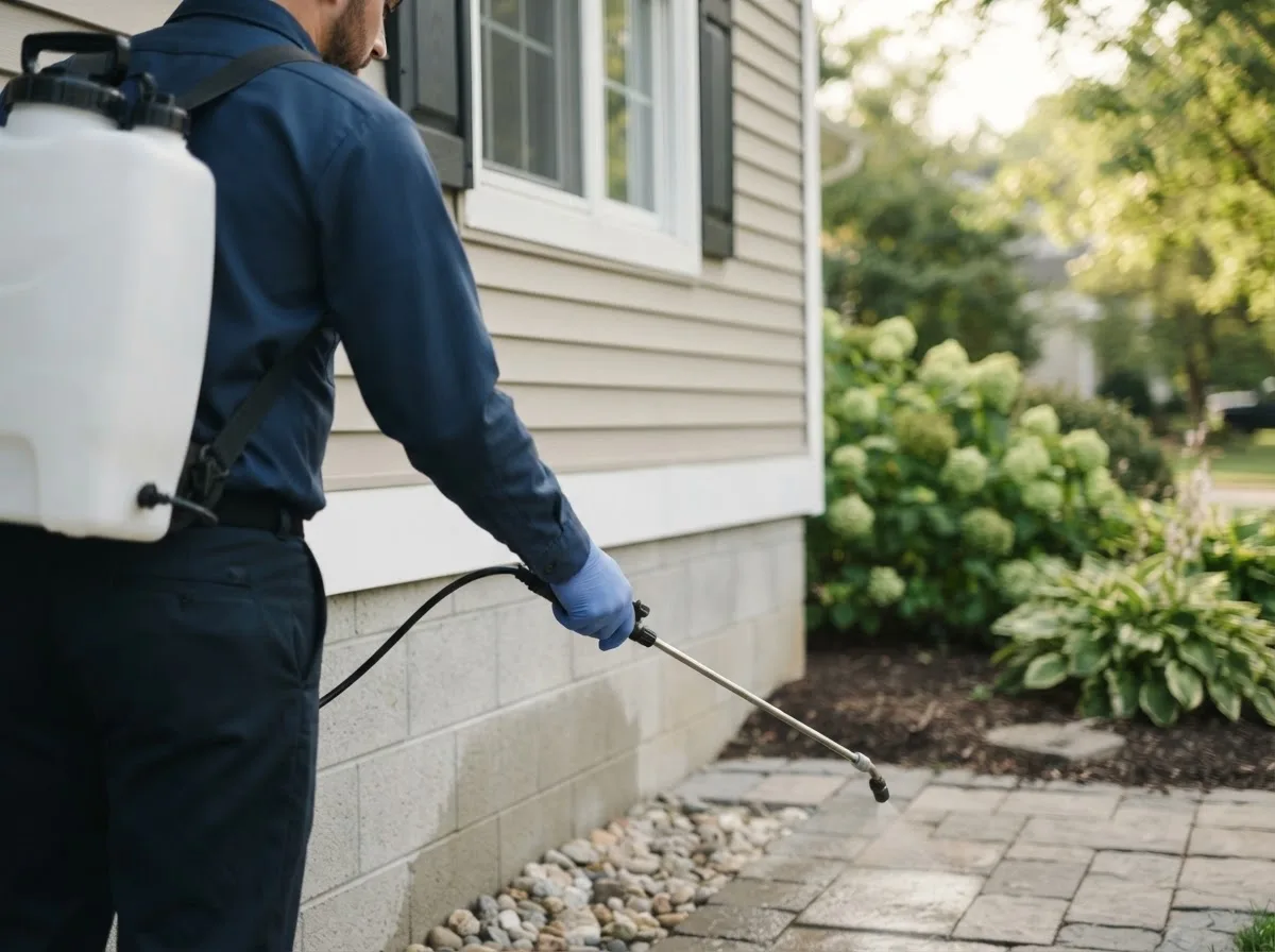Pest control technician inspecting a home in Merrill, MI
